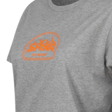 Close-up of the orange mountain SPIKA badge print on the Spika GO Mountain women's grey T-shirt