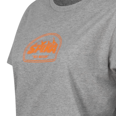 Close-up of the orange mountain SPIKA badge print on the Spika GO Mountain women's grey T-shirt