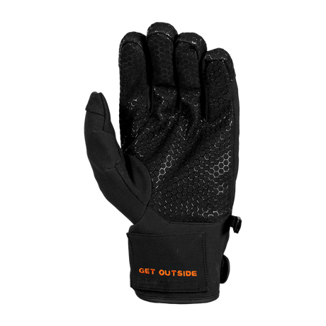 Spika Arctic men's black glove, palm view with silicone grip pattern and orange Get Outside print