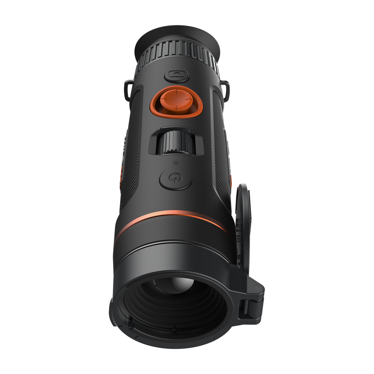 ThermTec Wild 325 thermal monocular, top view from the eyepiece with lens cap open over the lens