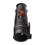 ThermTec Wild 325 thermal monocular, top view from the eyepiece with lens cap open over the lens