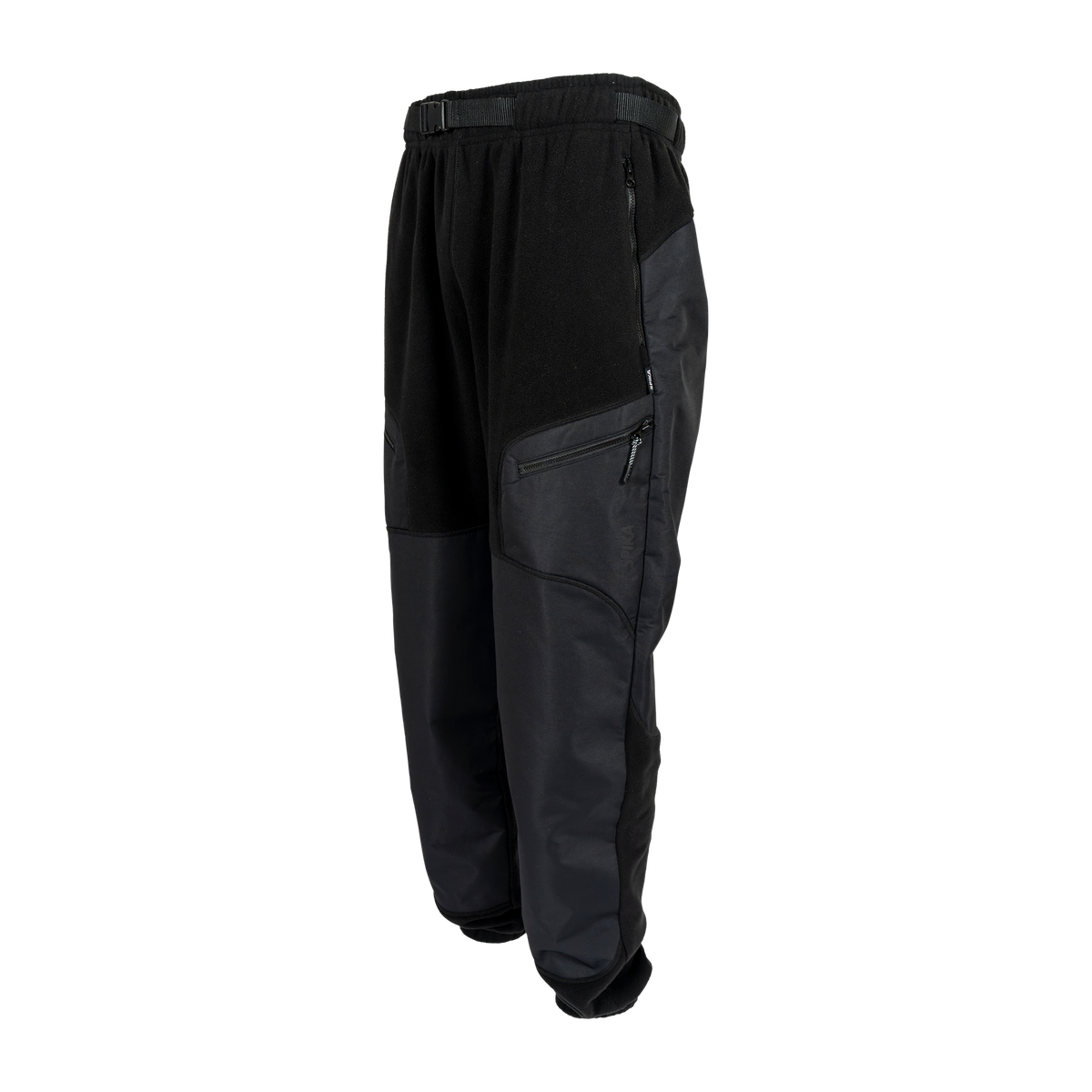 Spika Paperbark men's hybrid fleece pants in Black, three-quarter view of the zip thigh pocket
