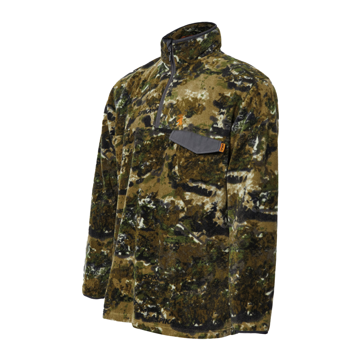 Spika Basecamp men's Biarri Camo fleece jumper, three-quarter view of the half zip and snap pocket