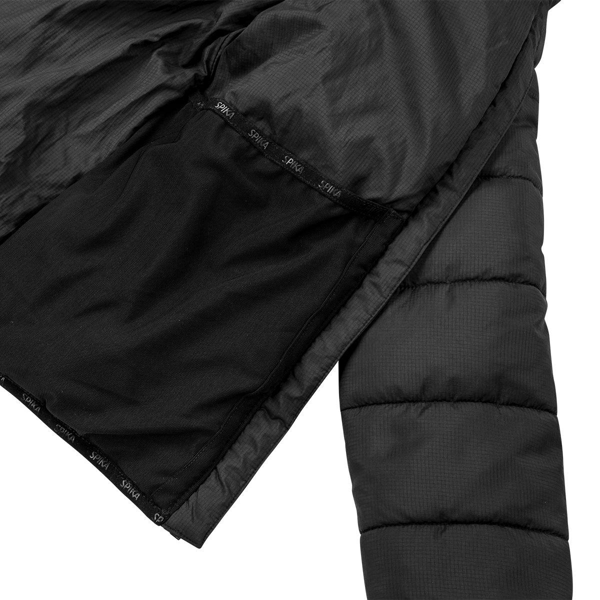 Spika Terra kids' puffer jacket in Black, opened to show the inner lining with Spika taping