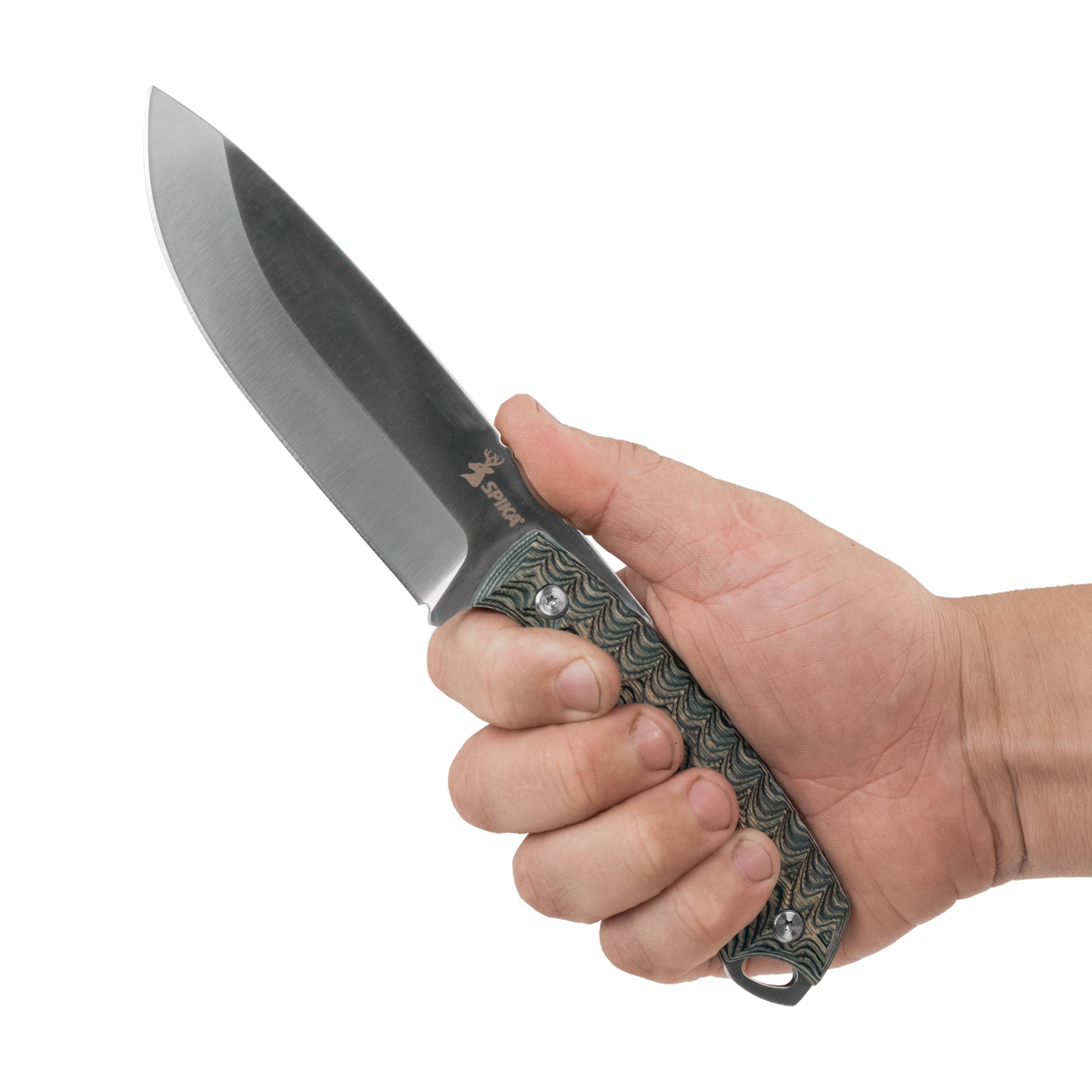 Spika Bushmaster Dogtooth fixed blade knife held in hand to show grip fit and blade length