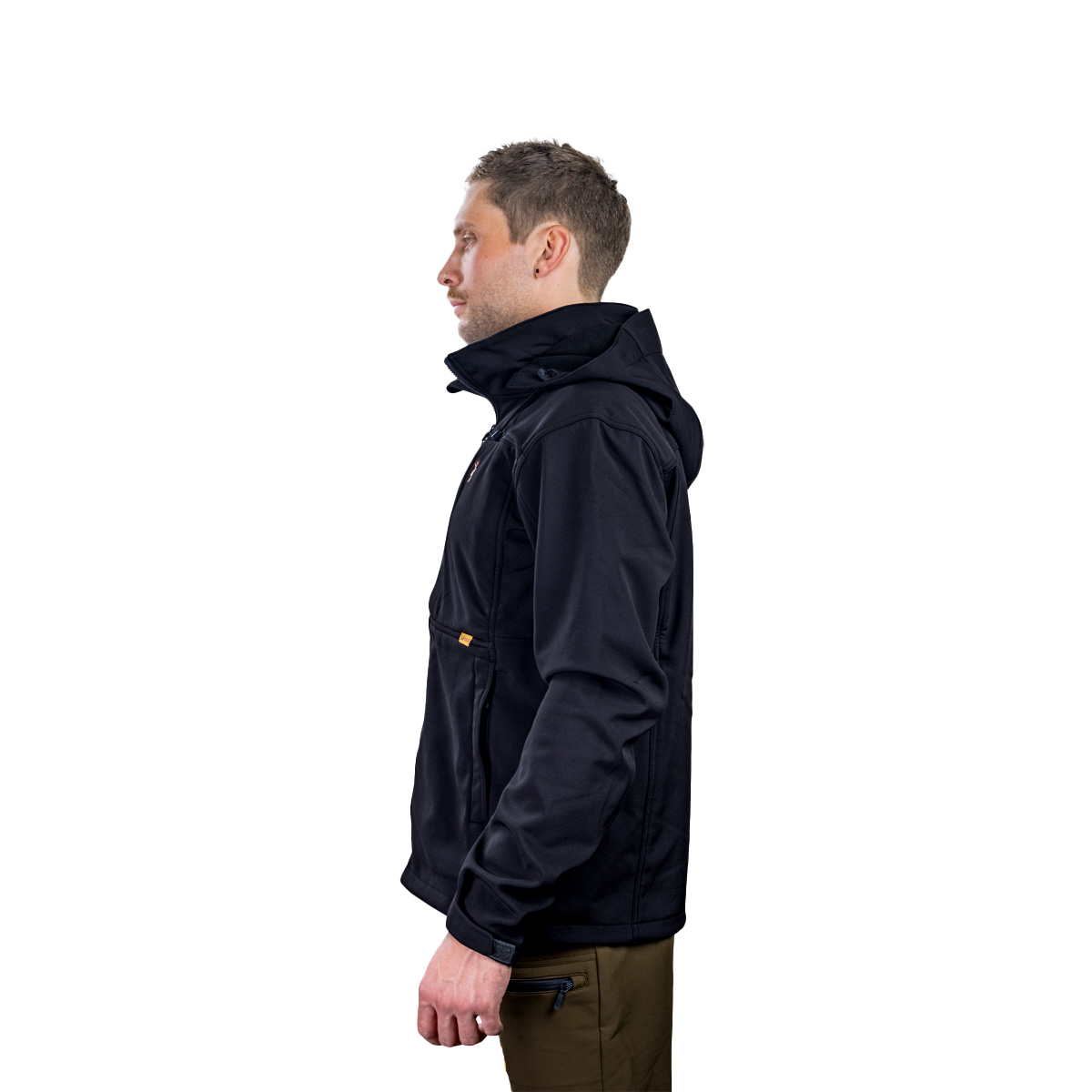 Man wearing the Spika GO men's softshell jacket in Black, side profile showing the hood
