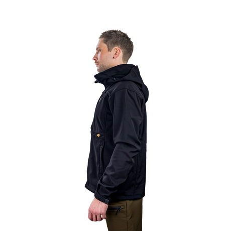 Man wearing the Spika GO men's softshell jacket in Black, side profile showing the hood