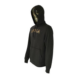 Spika GO Advance men's black hoodie, side angle showing camo hood lining and kangaroo pocket