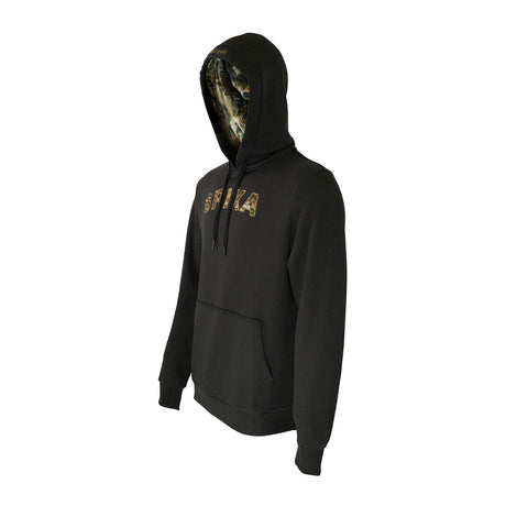 Spika GO Advance men's black hoodie, side angle showing camo hood lining and kangaroo pocket