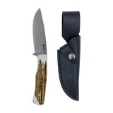 Spika Bushmaster Ol'Boy fixed blade knife shown beside its black leather sheath with snap closure