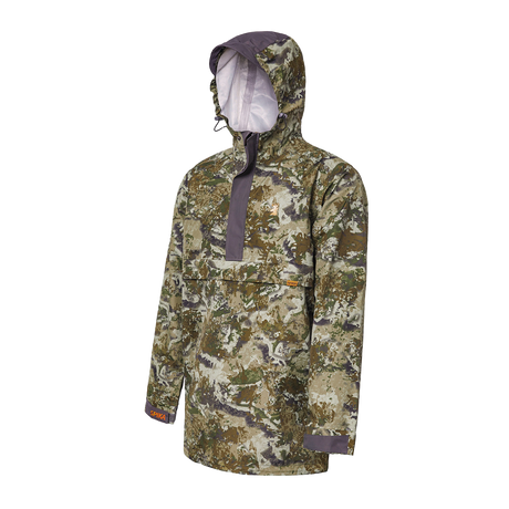 Spika Buckland men's Biarri Camo jacket, three-quarter view showing the hood and side profile