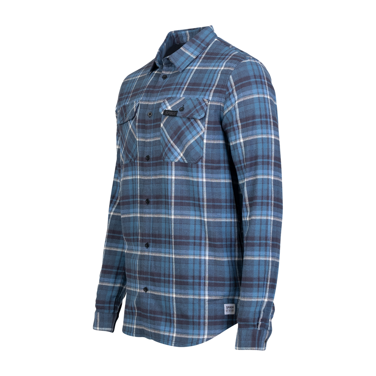 Spika men's Blue/Black flannel check shirt, three-quarter view of the button front and pockets