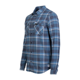 Spika men's Blue/Black flannel check shirt, three-quarter view of the button front and pockets