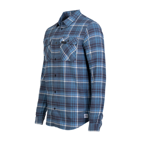 Spika men's Blue/Black flannel check shirt, three-quarter view of the button front and pockets