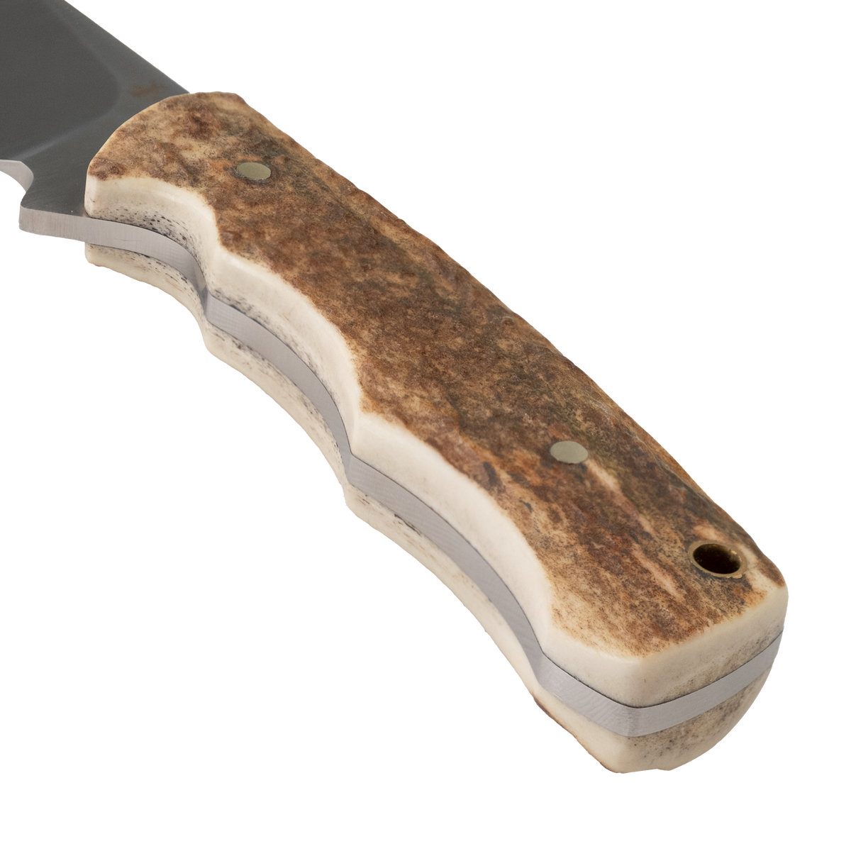 Close-up of the Spika Bushmaster Jeremiah knife handle showing antler-look scales, pins and lanyard hole