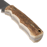 Close-up of the Spika Bushmaster Jeremiah knife handle showing antler-look scales, pins and lanyard hole