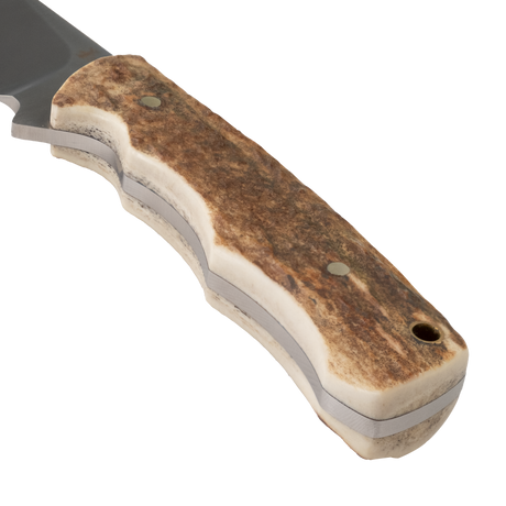 Close-up of the Spika Bushmaster Jeremiah knife handle showing antler-look scales, pins and lanyard hole