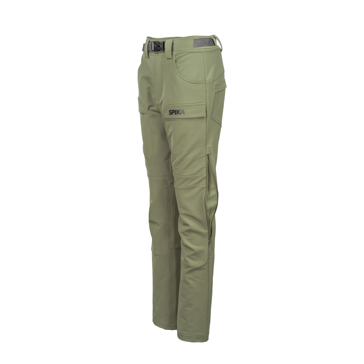 Spika Recon women's hunting pants in Dusky Green, three-quarter side view with leg vent zip
