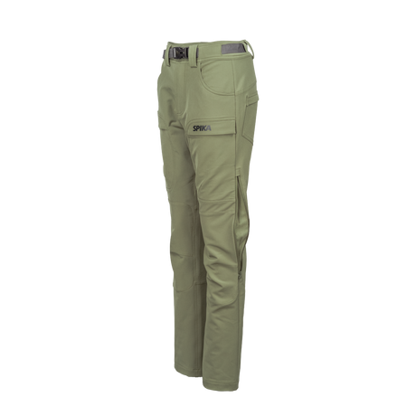 Spika Recon women's hunting pants in Dusky Green, three-quarter side view with leg vent zip