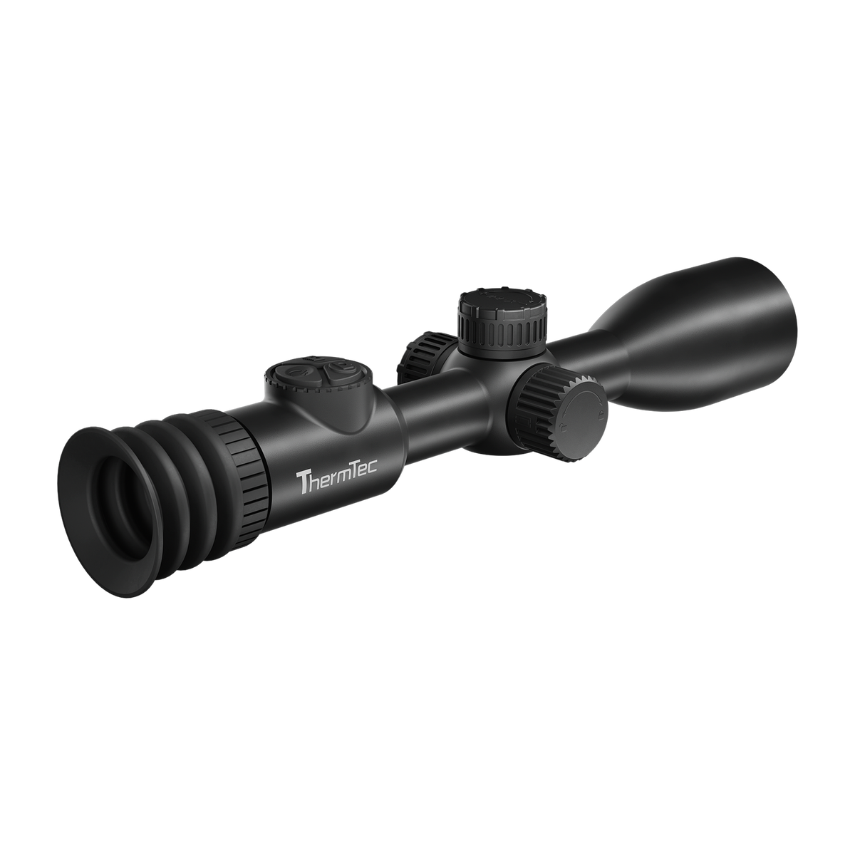 ThermTec IBEX 635L thermal tube scope, rear three-quarter view of eyecup, top button and ThermTec logo