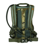 Spika Drover II Hydro Pack 15L in Biarri Camo, rear view of mesh harness, hip strap and hydration hose