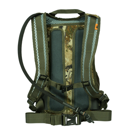 Spika Drover II Hydro Pack 15L in Biarri Camo, rear view of mesh harness, hip strap and hydration hose
