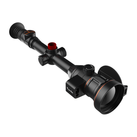 ThermTec Ares-LRF 360L 2.0 thermal tube scope, elevated view from eyepiece end with red turret cap