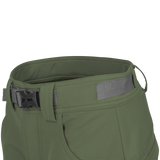 Spika Recon women's pants in Ivy Green, close-up of contoured waistband and webbing belt buckle