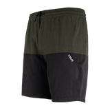 Spika Mako men's shorts in Olive/Black, three-quarter view showing the SPIKA leg print