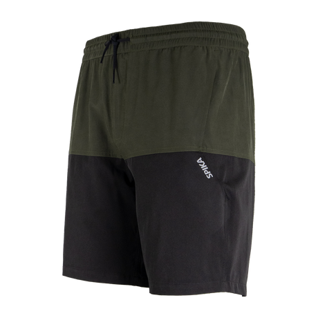 Spika Mako men's shorts in Olive/Black, three-quarter view showing the SPIKA leg print