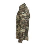 Spika Overlander men's hunting shirt in Biarri Camo, side profile view with collar