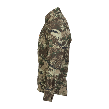 Spika Overlander men's hunting shirt in Biarri Camo, side profile view with collar