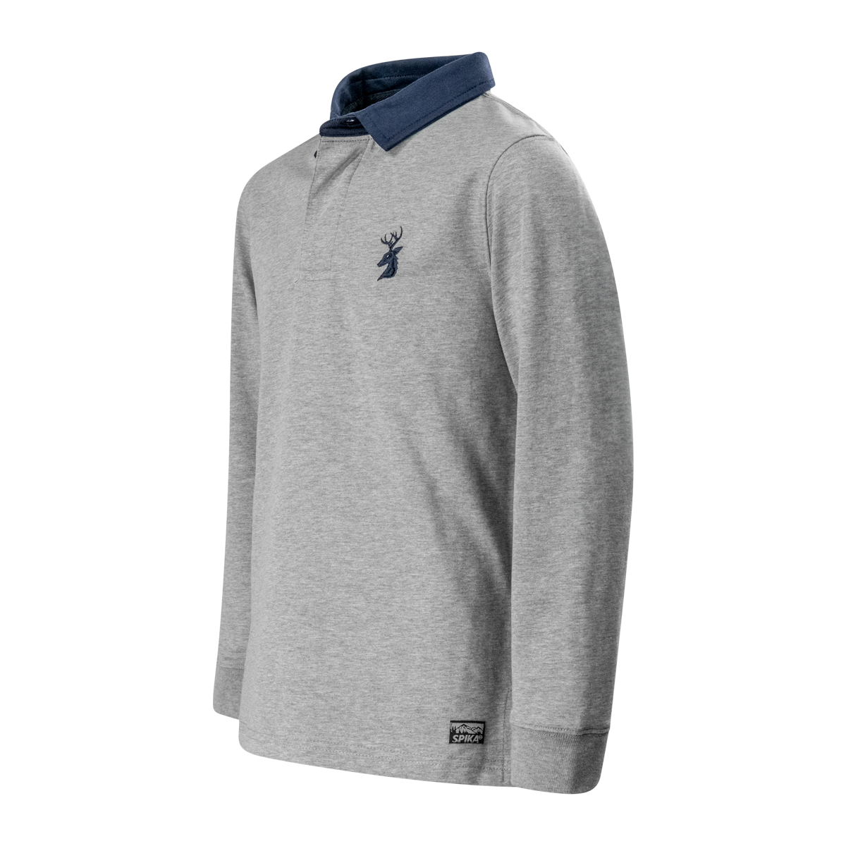 Spika GO Advance kids' grey rugby jumper, three-quarter side view with navy collar and cuff label