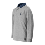Spika GO Advance kids' grey rugby jumper, three-quarter side view with navy collar and cuff label