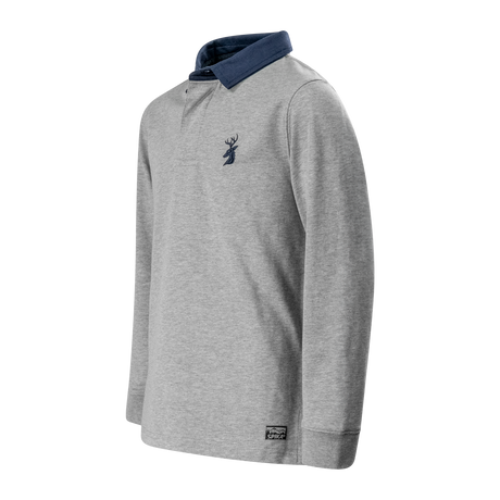 Spika GO Advance kids' grey rugby jumper, three-quarter side view with navy collar and cuff label