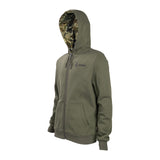 Spika GO Core men's olive zip-through hoodie, three-quarter view showing camo hood lining