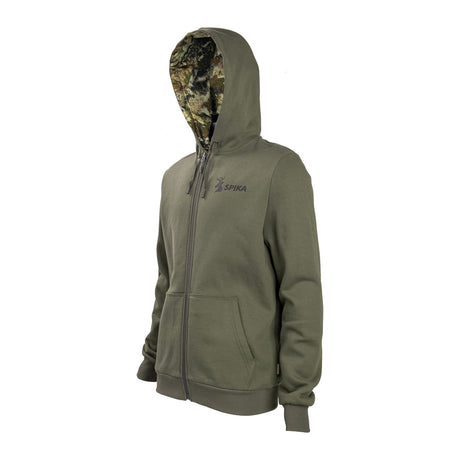 Spika GO Core men's olive zip-through hoodie, three-quarter view showing camo hood lining