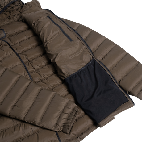Spika Hideout men's puffer jacket in Mud Brown opened to show inner zip and mesh pockets