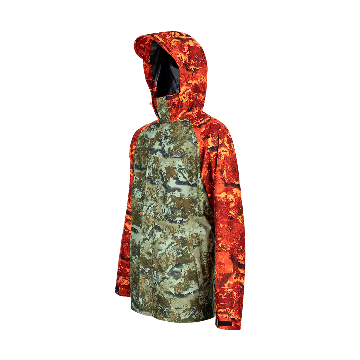 Spika Valley men's hunting jacket in Biarri Camo/Blaze, three-quarter side view with hood up
