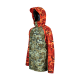 Spika Valley men's hunting jacket in Biarri Camo/Blaze, three-quarter side view with hood up