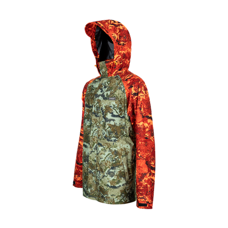 Spika Valley men's hunting jacket in Biarri Camo/Blaze, three-quarter side view with hood up