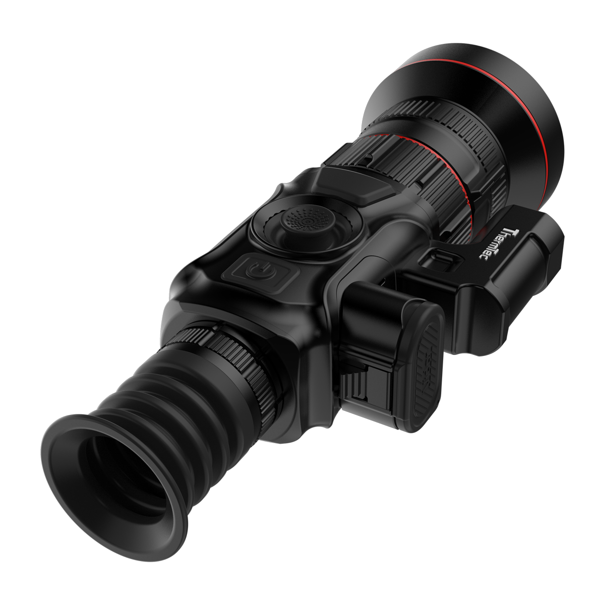 ThermTec Vidar-LRF 660L 2.0 thermal compact scope, rear three-quarter view of eyecup, battery cover and rangefinder