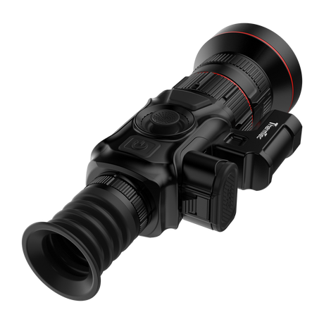 ThermTec Vidar-LRF 660L 2.0 thermal compact scope, rear three-quarter view of eyecup, battery cover and rangefinder