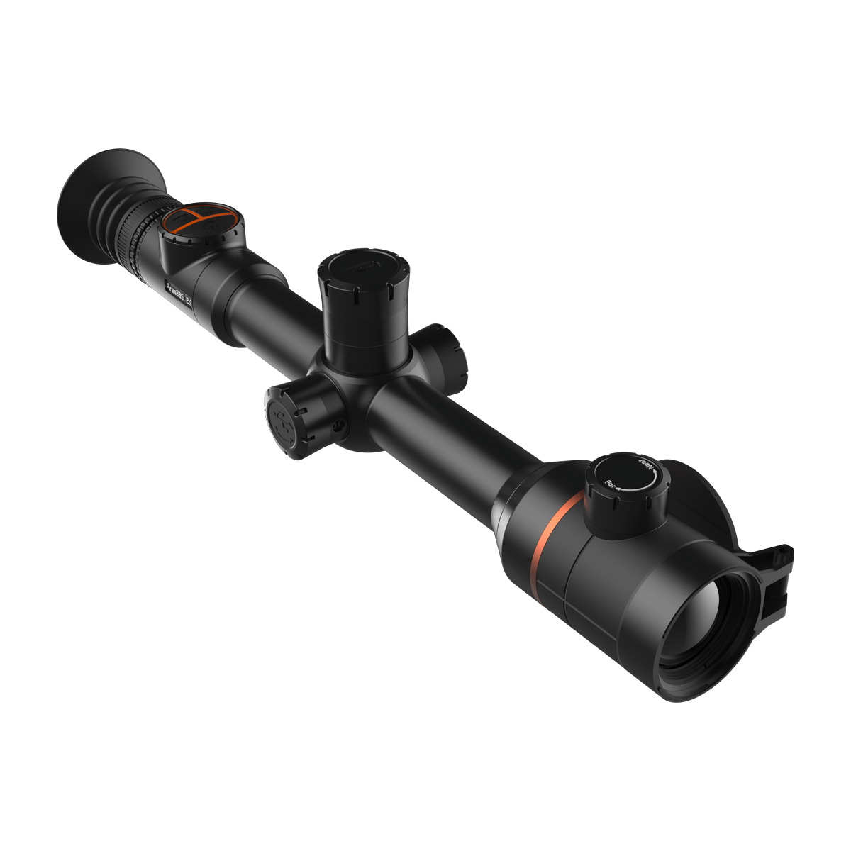 ThermTec Ares 335 2.0 thermal tube scope in black, elevated three-quarter view from eyepiece end