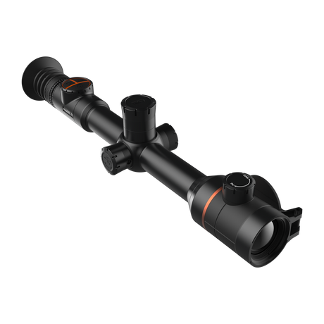 ThermTec Ares 335 2.0 thermal tube scope in black, elevated three-quarter view from eyepiece end
