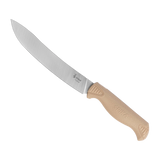 Spika Fieldcraft Cervitaur breaking knife with broad curved blade and tan non-slip handle, blade left