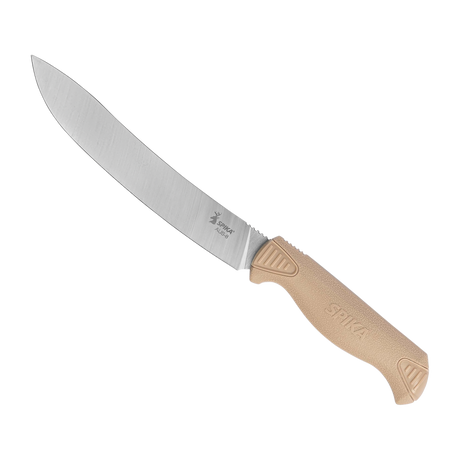 Spika Fieldcraft Cervitaur breaking knife with broad curved blade and tan non-slip handle, blade left