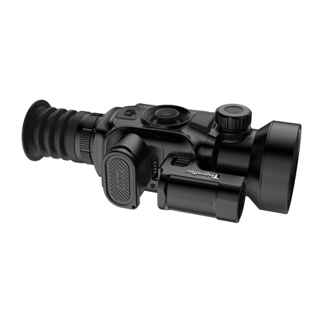 ThermTec Vidar-LRF 650L 2.0 thermal compact scope, angled view of battery cover and objective housing