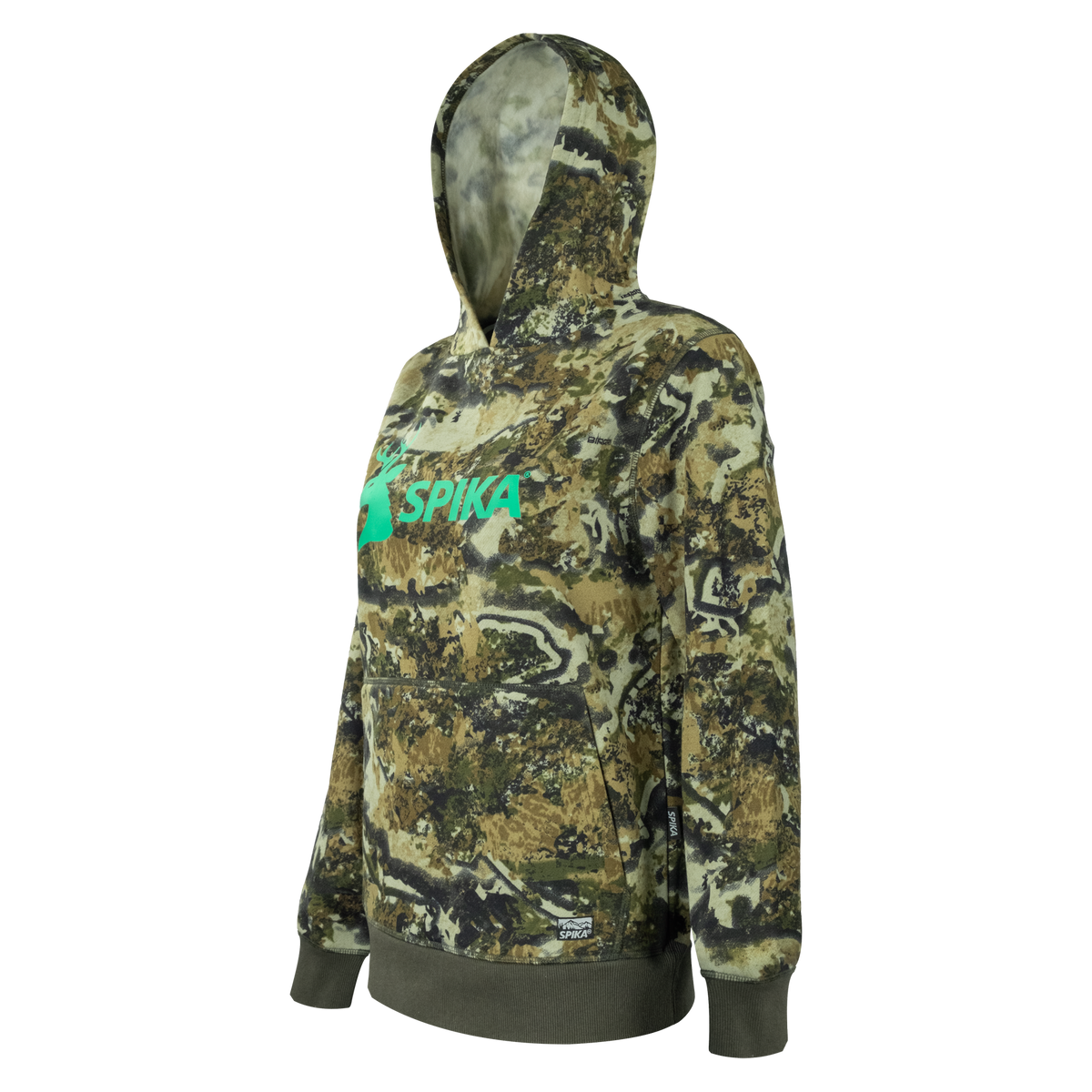 Spika GO Classic V2 women's Biarri Camo hoodie, three-quarter view with mint SPIKA chest print