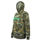 Spika GO Classic V2 women's Biarri Camo hoodie, three-quarter view with mint SPIKA chest print